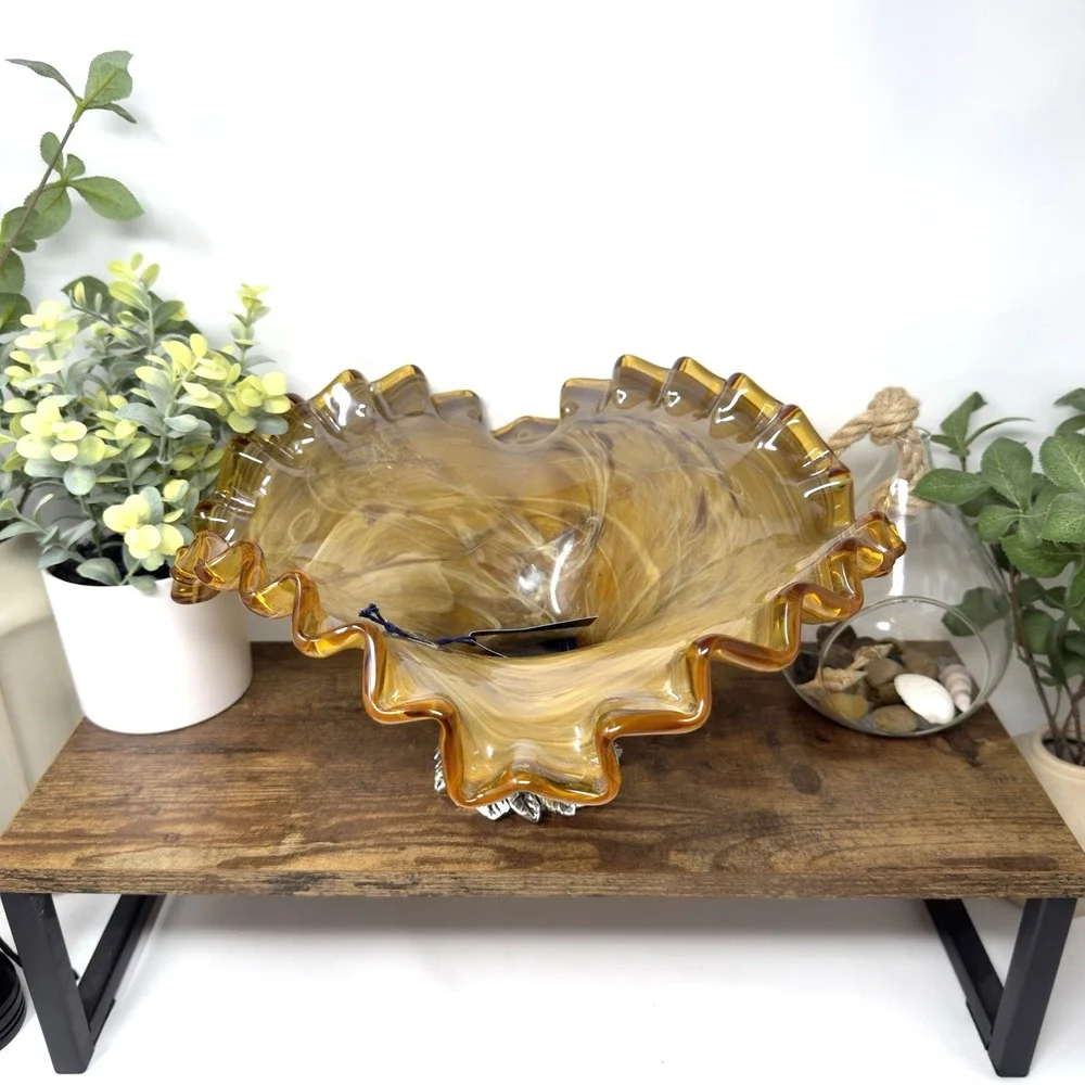 Murano Italy White Cristal Glass Bowl Tortoise Shell Table Centerpiece